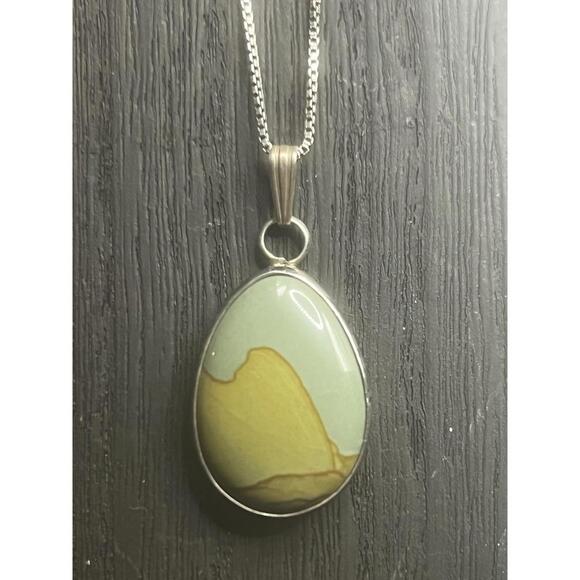 Vintage Blue Green Picture Jasper Sterling Silver Pendant Necklace Chain - Picture 5 of 5